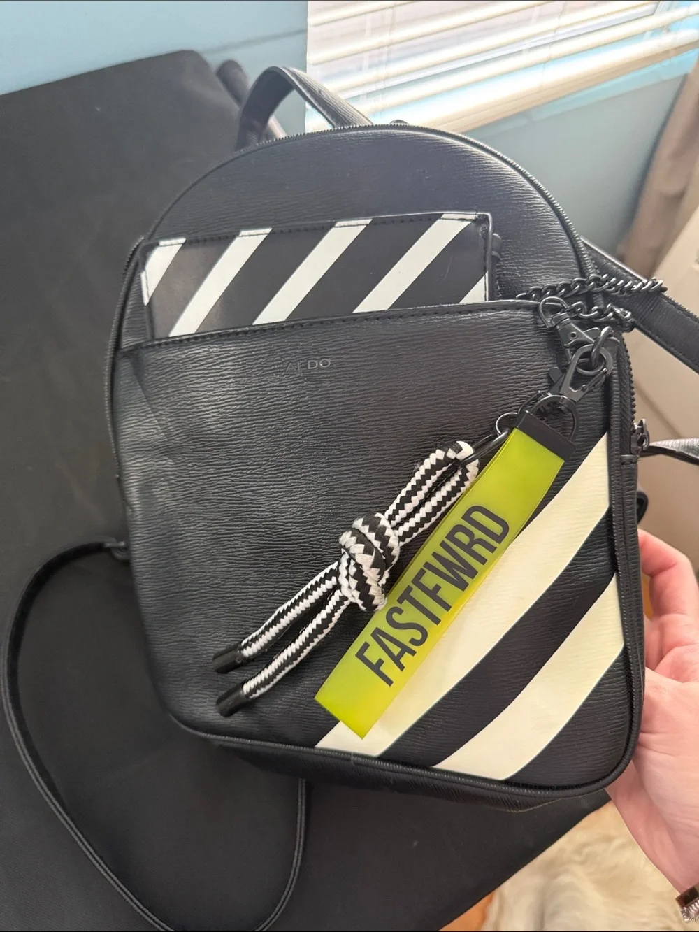 Aldo Black Mini Backpack with Cream Diagonal Stripes